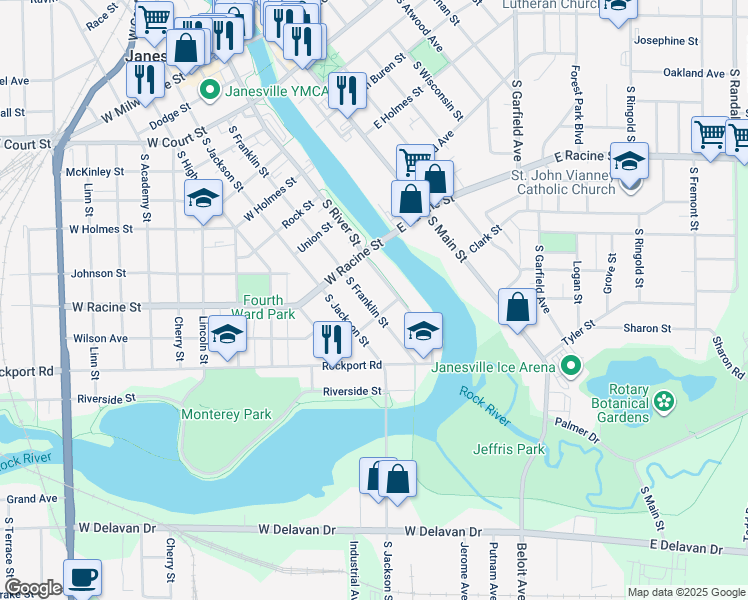 map of restaurants, bars, coffee shops, grocery stores, and more near 543 South Franklin Street in Janesville