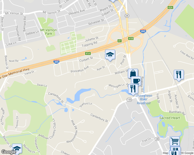 map of restaurants, bars, coffee shops, grocery stores, and more near 27 William Street in Andover