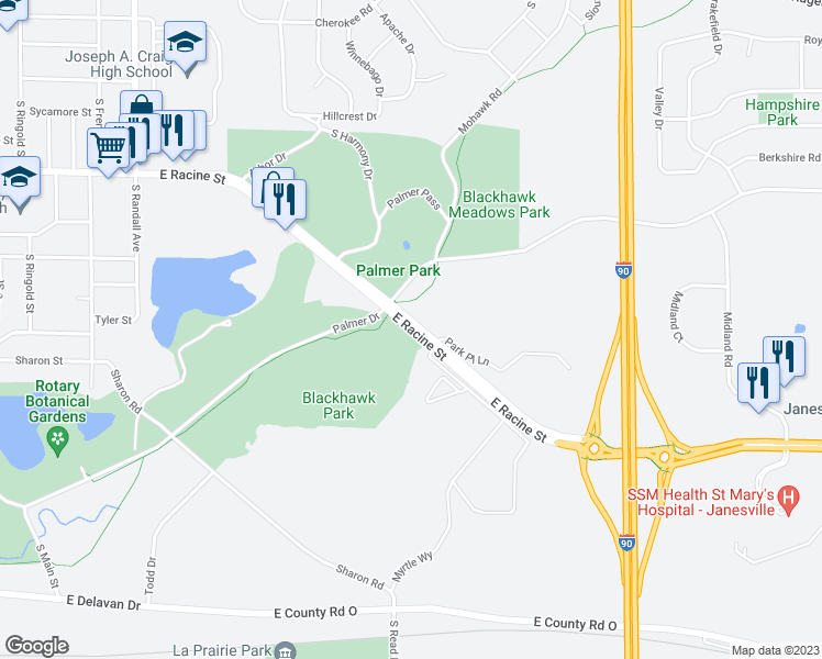 map of restaurants, bars, coffee shops, grocery stores, and more near 2506 East Racine Street in Janesville