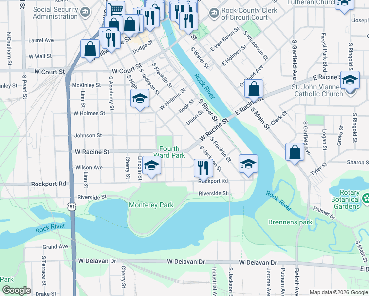 map of restaurants, bars, coffee shops, grocery stores, and more near 355 Johnson Street in Janesville