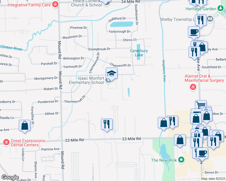map of restaurants, bars, coffee shops, grocery stores, and more near 6700 Montgomery Drive in Shelby Township