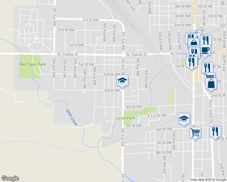 map of restaurants, bars, coffee shops, grocery stores, and more near 301 7th Avenue Southwest in Oelwein