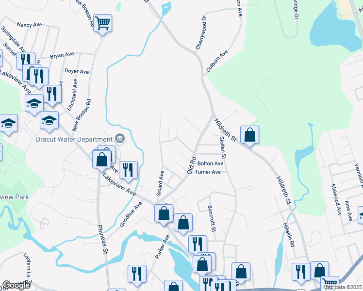 map of restaurants, bars, coffee shops, grocery stores, and more near 53 Savoy Avenue in Dracut