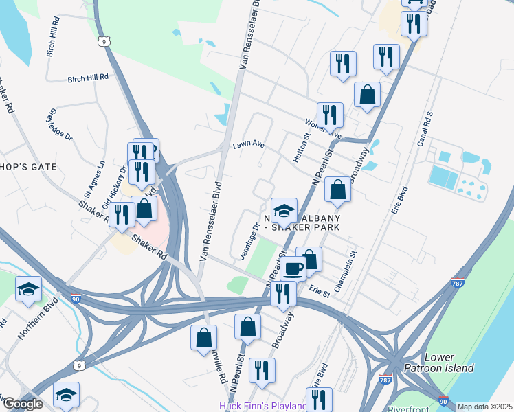 map of restaurants, bars, coffee shops, grocery stores, and more near 43 Jennings Drive in Albany