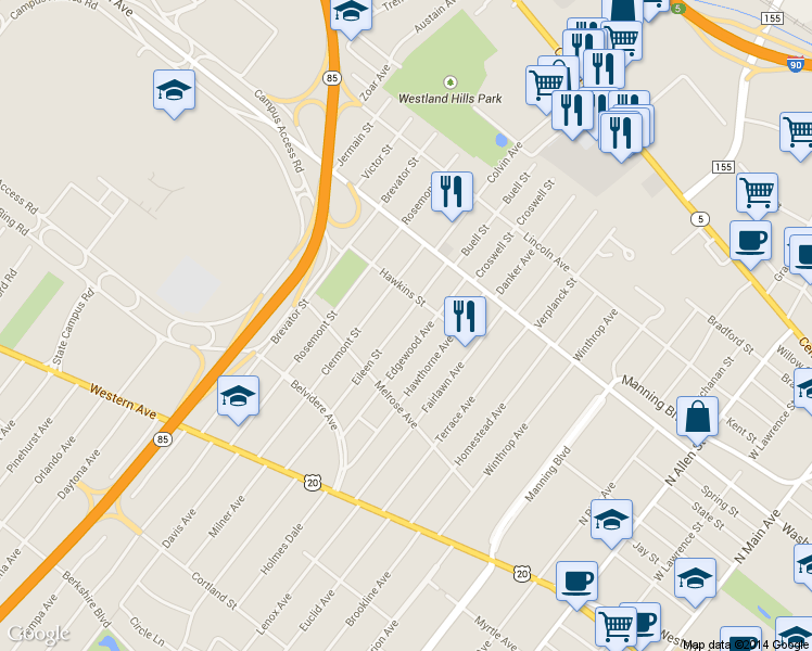 map of restaurants, bars, coffee shops, grocery stores, and more near 101 Eileen Street in Albany