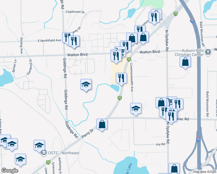map of restaurants, bars, coffee shops, grocery stores, and more near 1821 North Perry Street in Pontiac