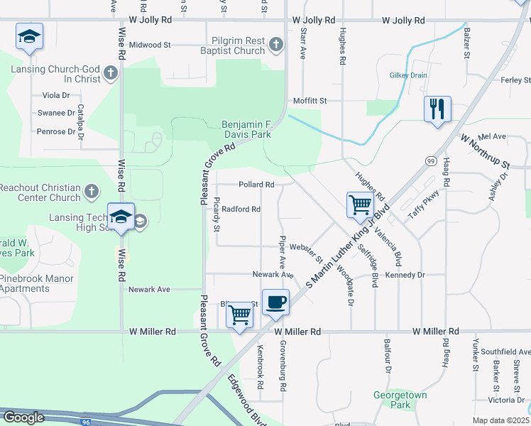 map of restaurants, bars, coffee shops, grocery stores, and more near 5713 Pheasant Avenue in Lansing