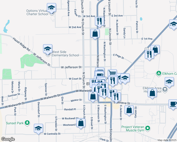 map of restaurants, bars, coffee shops, grocery stores, and more near 124 North Broad Street in Elkhorn
