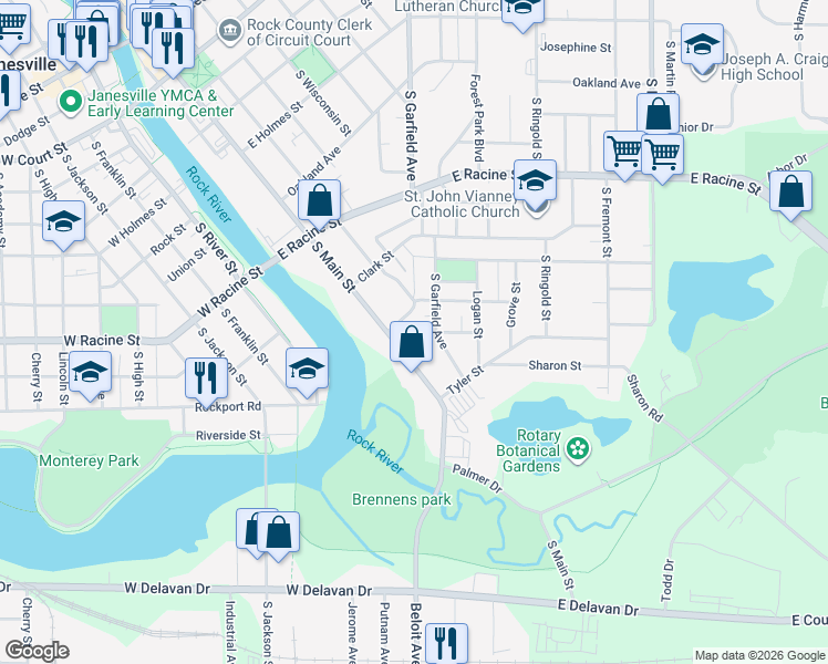map of restaurants, bars, coffee shops, grocery stores, and more near 1050 Carrington Street in Janesville