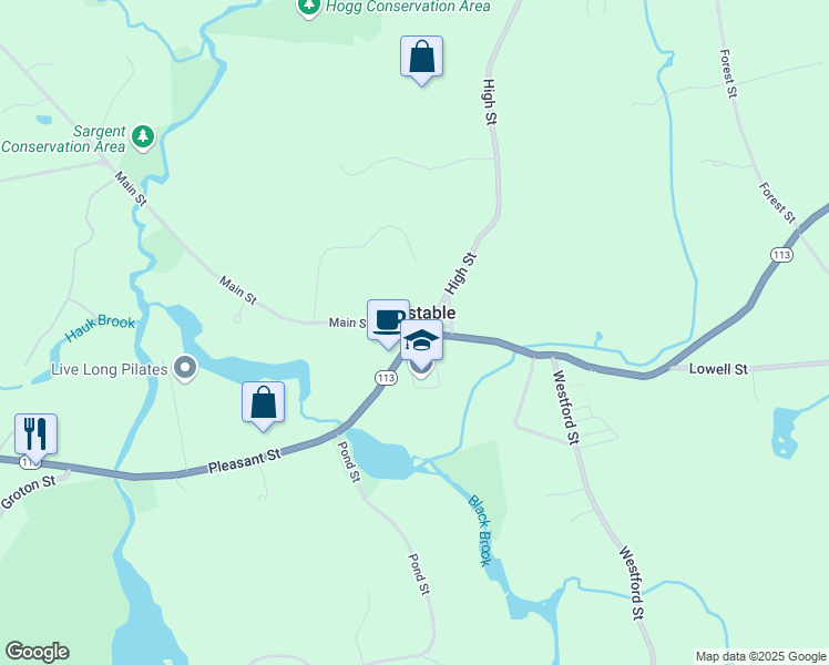 map of restaurants, bars, coffee shops, grocery stores, and more near 522 Main Street in Dunstable