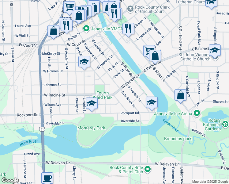 map of restaurants, bars, coffee shops, grocery stores, and more near 318 West Racine Street in Janesville