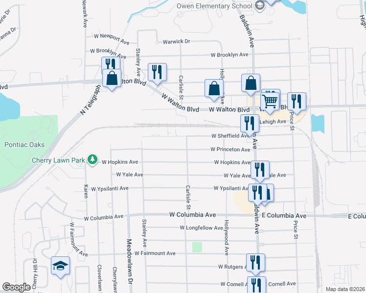 map of restaurants, bars, coffee shops, grocery stores, and more near 181 West Sheffield Avenue in Pontiac