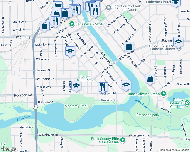 map of restaurants, bars, coffee shops, grocery stores, and more near 318 West Racine Street in Janesville
