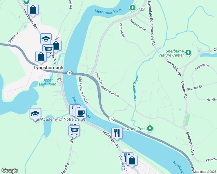 map of restaurants, bars, coffee shops, grocery stores, and more near 2 Village Lane in Tyngsborough