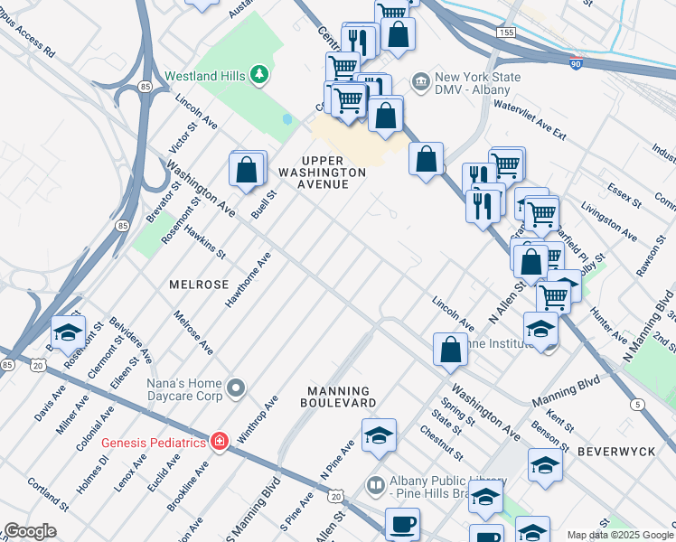 map of restaurants, bars, coffee shops, grocery stores, and more near 12 Ver Planck Street in Albany