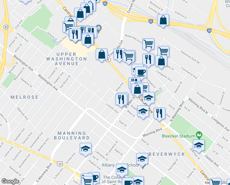 map of restaurants, bars, coffee shops, grocery stores, and more near Bradford Street & King Avenue in Albany
