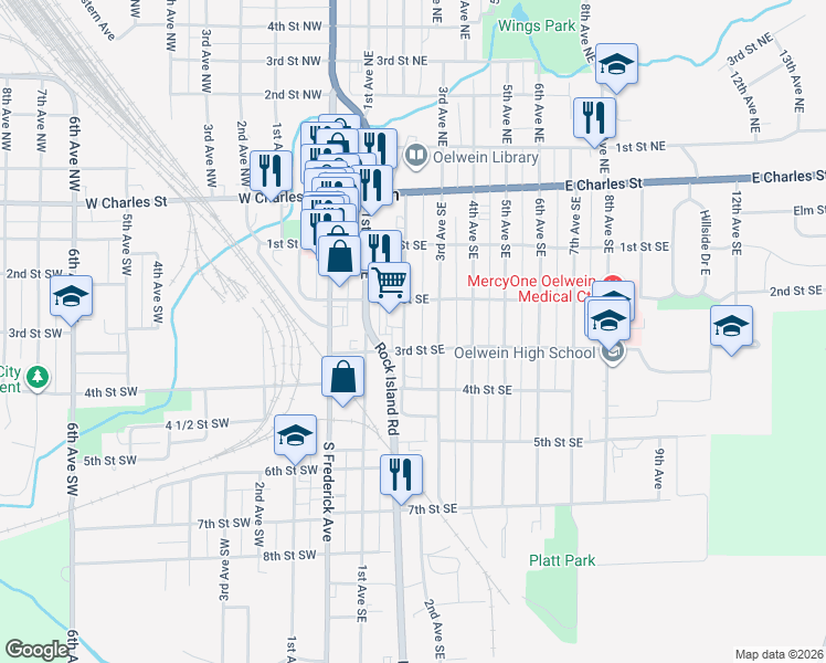 map of restaurants, bars, coffee shops, grocery stores, and more near 200-298 3rd Avenue Southeast in Oelwein
