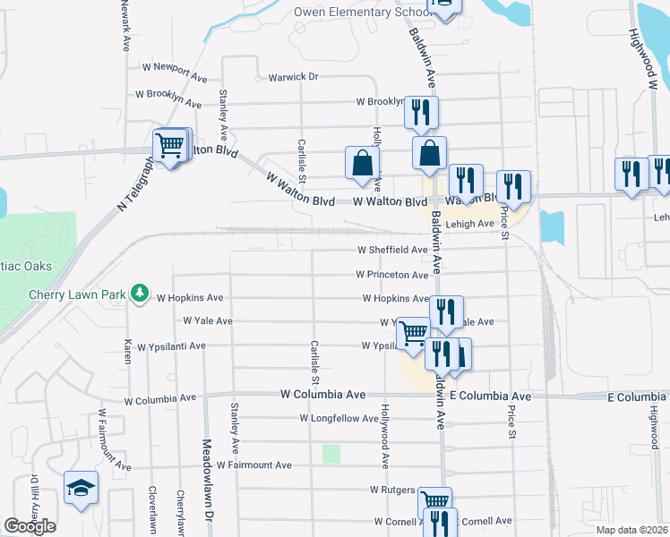 map of restaurants, bars, coffee shops, grocery stores, and more near 136 West Princeton Avenue in Pontiac