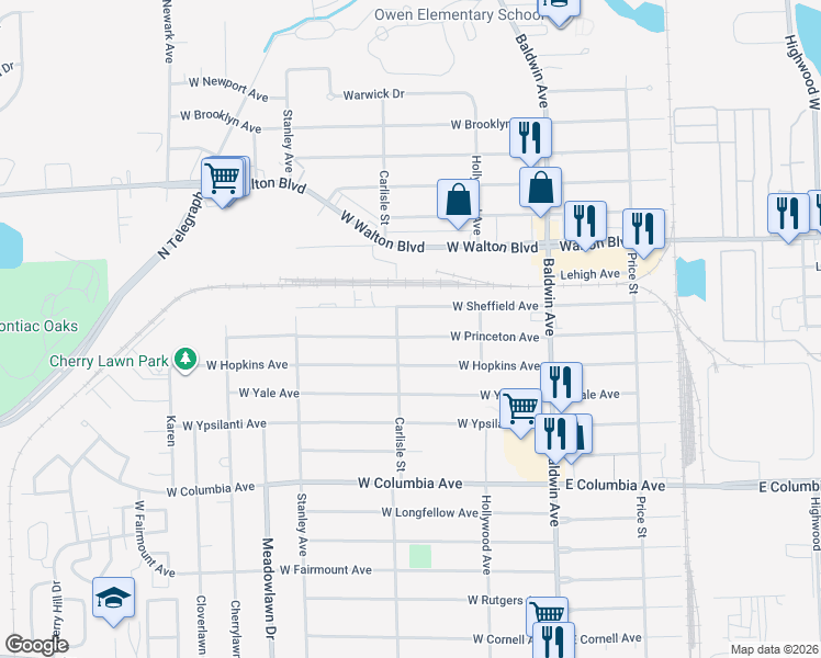 map of restaurants, bars, coffee shops, grocery stores, and more near 137 West Sheffield Avenue in Pontiac