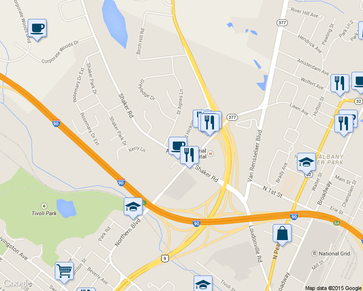map of restaurants, bars, coffee shops, grocery stores, and more near 5A Old Hickory Drive in Albany