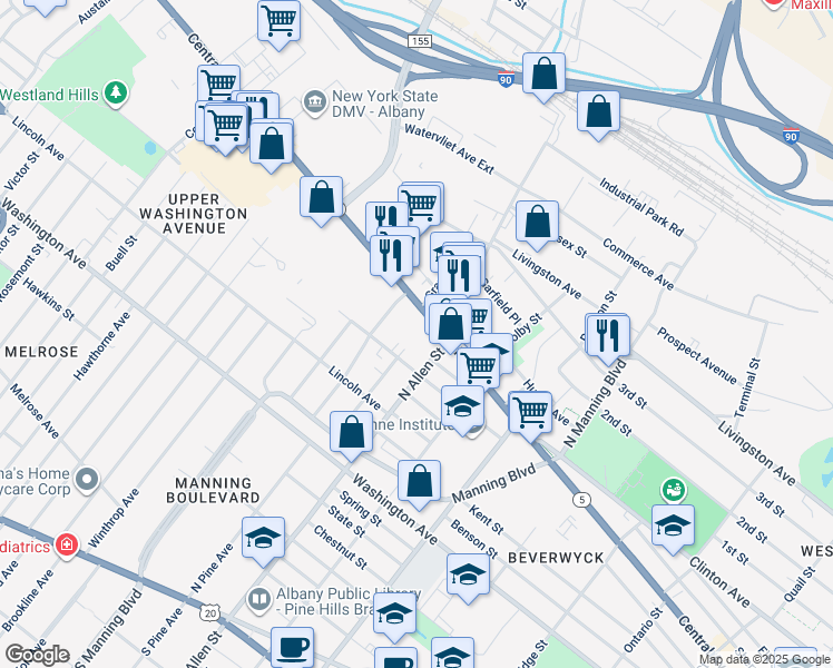 map of restaurants, bars, coffee shops, grocery stores, and more near 690 Central Avenue in Albany