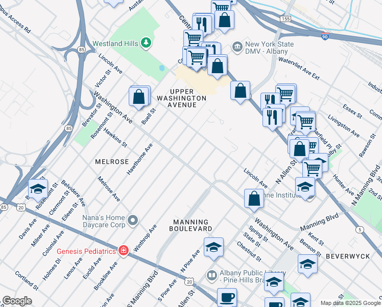 map of restaurants, bars, coffee shops, grocery stores, and more near 12 Ver Planck Street in Albany