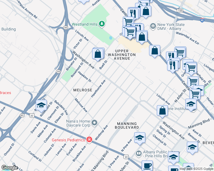map of restaurants, bars, coffee shops, grocery stores, and more near 1022 Washington Avenue in Albany