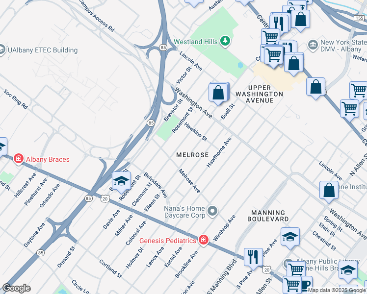 map of restaurants, bars, coffee shops, grocery stores, and more near 102 Clermont Street in Albany