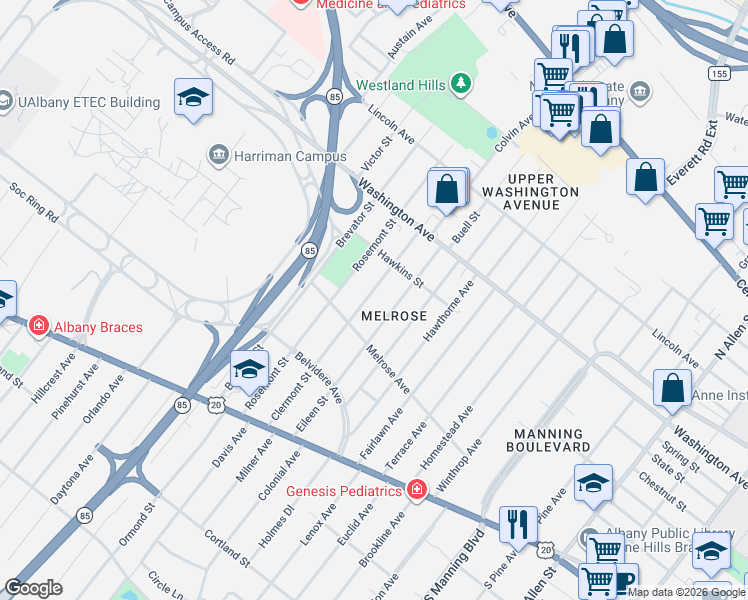 map of restaurants, bars, coffee shops, grocery stores, and more near 102 Clermont Street in Albany