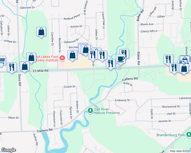 map of restaurants, bars, coffee shops, grocery stores, and more near 33274 23 Mile Road in New Baltimore