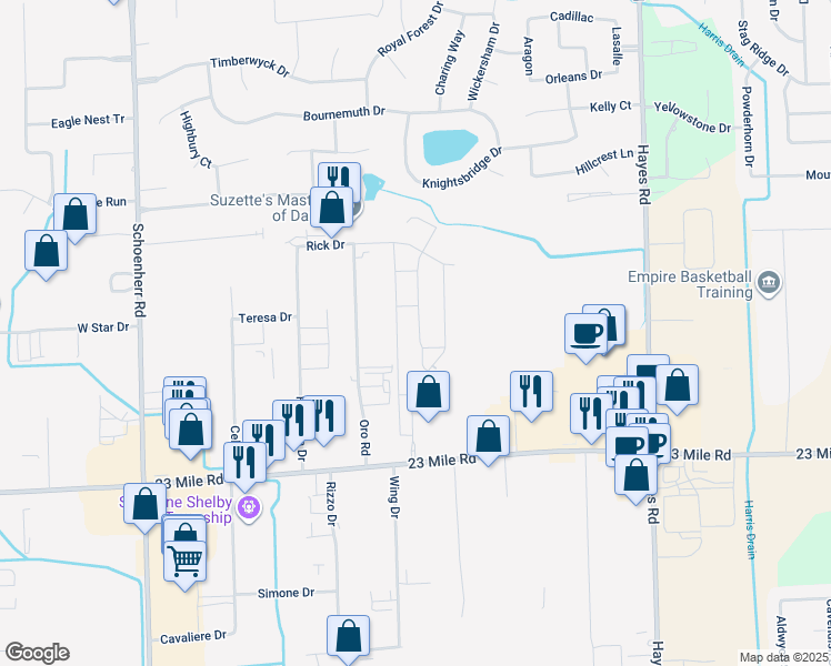 map of restaurants, bars, coffee shops, grocery stores, and more near 51505 West End Drive in Macomb County