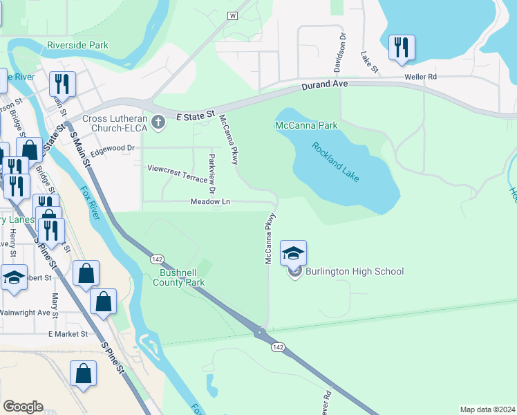 map of restaurants, bars, coffee shops, grocery stores, and more near 724 Meadow Lane in Burlington