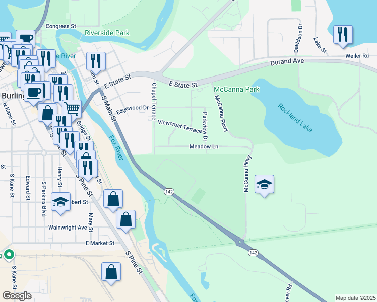 map of restaurants, bars, coffee shops, grocery stores, and more near 656 Meadow Lane in Burlington