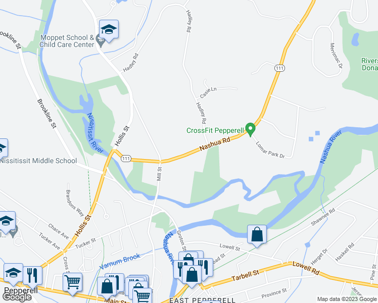 map of restaurants, bars, coffee shops, grocery stores, and more near 26 Nashua Road in Pepperell
