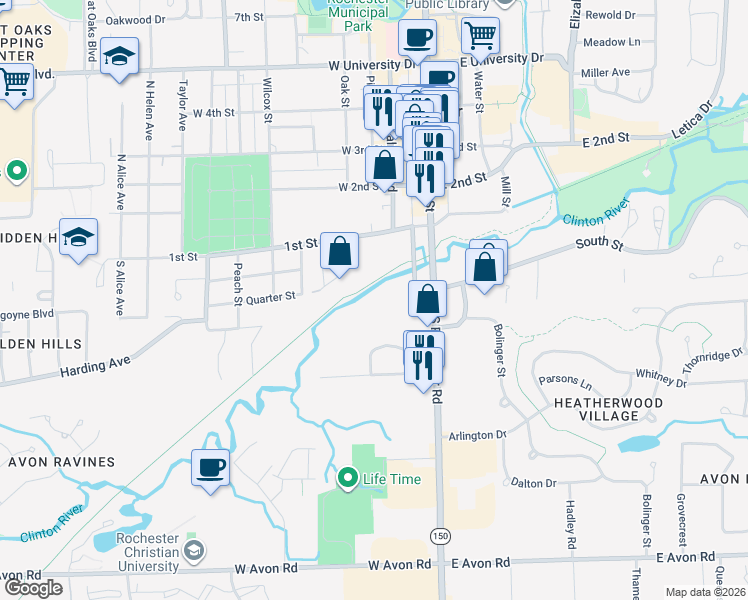 map of restaurants, bars, coffee shops, grocery stores, and more near Clinton River Trail in Rochester