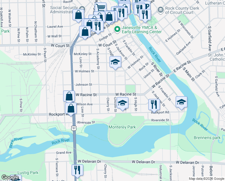 map of restaurants, bars, coffee shops, grocery stores, and more near 409 Cherry Street in Janesville