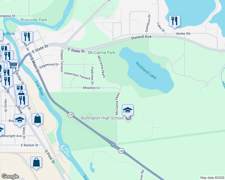 map of restaurants, bars, coffee shops, grocery stores, and more near 643 Meadow Lane in Burlington