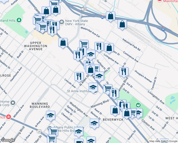 map of restaurants, bars, coffee shops, grocery stores, and more near Central Avenue & Watervliet Avenue in Albany