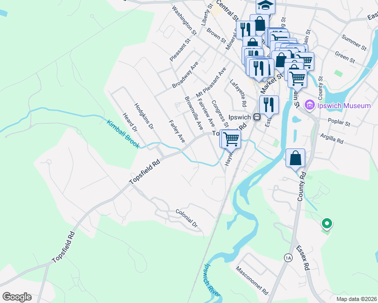 map of restaurants, bars, coffee shops, grocery stores, and more near 44 Topsfield Road in Ipswich