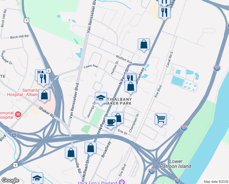 map of restaurants, bars, coffee shops, grocery stores, and more near 634 North Pearl Street in Albany
