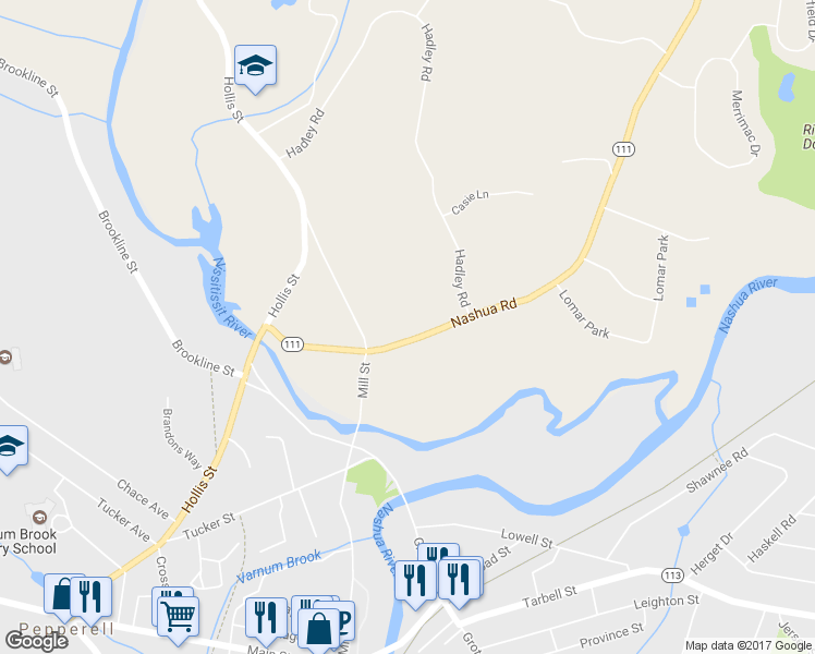 map of restaurants, bars, coffee shops, grocery stores, and more near 28 Nashua Road in Pepperell