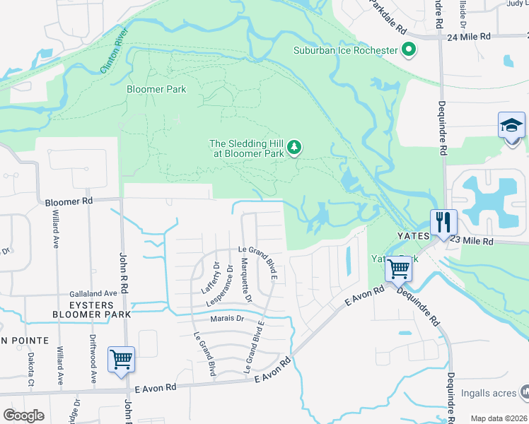 map of restaurants, bars, coffee shops, grocery stores, and more near Lalonde Court in Rochester Hills