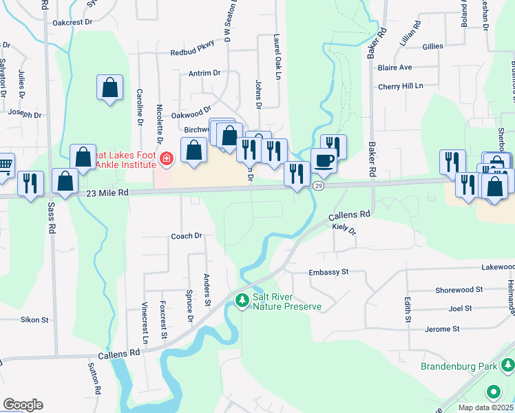 map of restaurants, bars, coffee shops, grocery stores, and more near 33274 23 Mile Road in New Baltimore