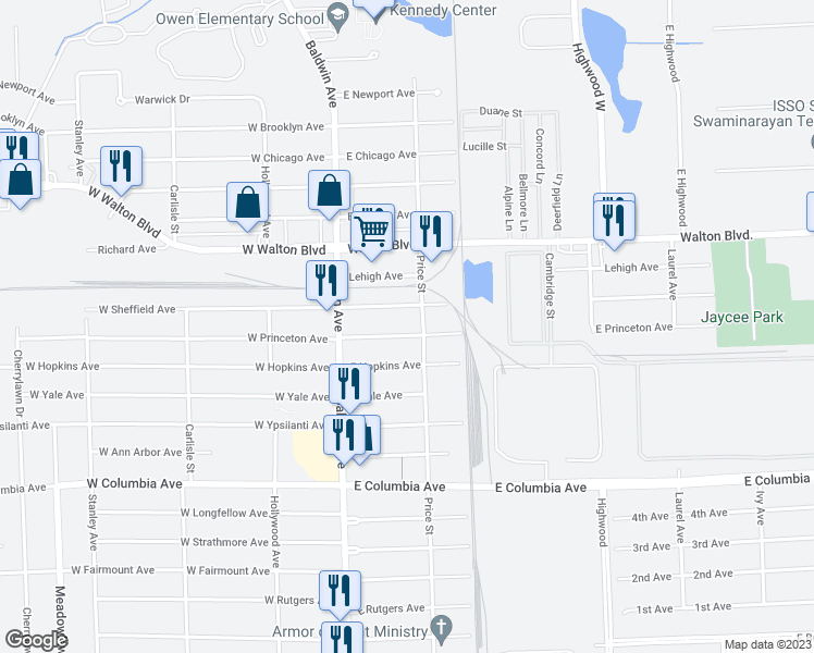 map of restaurants, bars, coffee shops, grocery stores, and more near 73 East Princeton Avenue in Pontiac