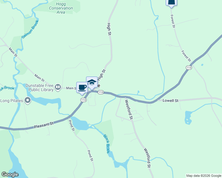 map of restaurants, bars, coffee shops, grocery stores, and more near 479 Main Street in Dunstable