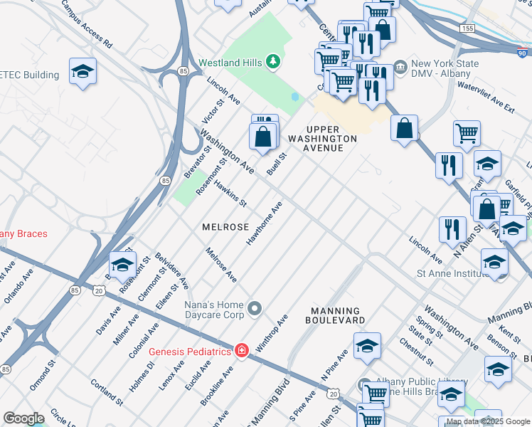 map of restaurants, bars, coffee shops, grocery stores, and more near 87 Edgewood Avenue in Albany