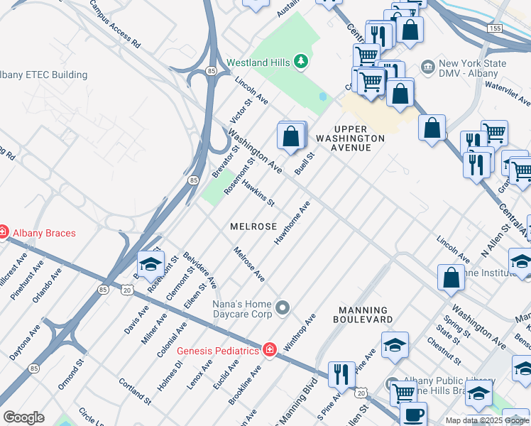 map of restaurants, bars, coffee shops, grocery stores, and more near 101 Eileen Street in Albany