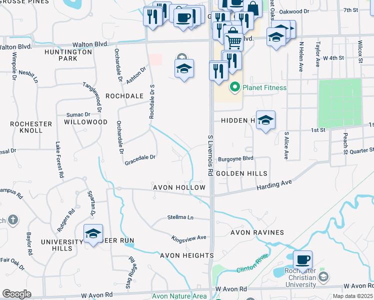 map of restaurants, bars, coffee shops, grocery stores, and more near 484 Timberlea Drive in Rochester Hills
