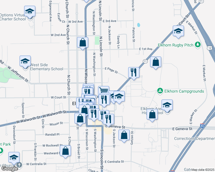 map of restaurants, bars, coffee shops, grocery stores, and more near 211 East Jefferson Street in Elkhorn