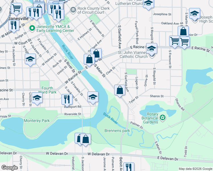 map of restaurants, bars, coffee shops, grocery stores, and more near 616 South Main Street in Janesville